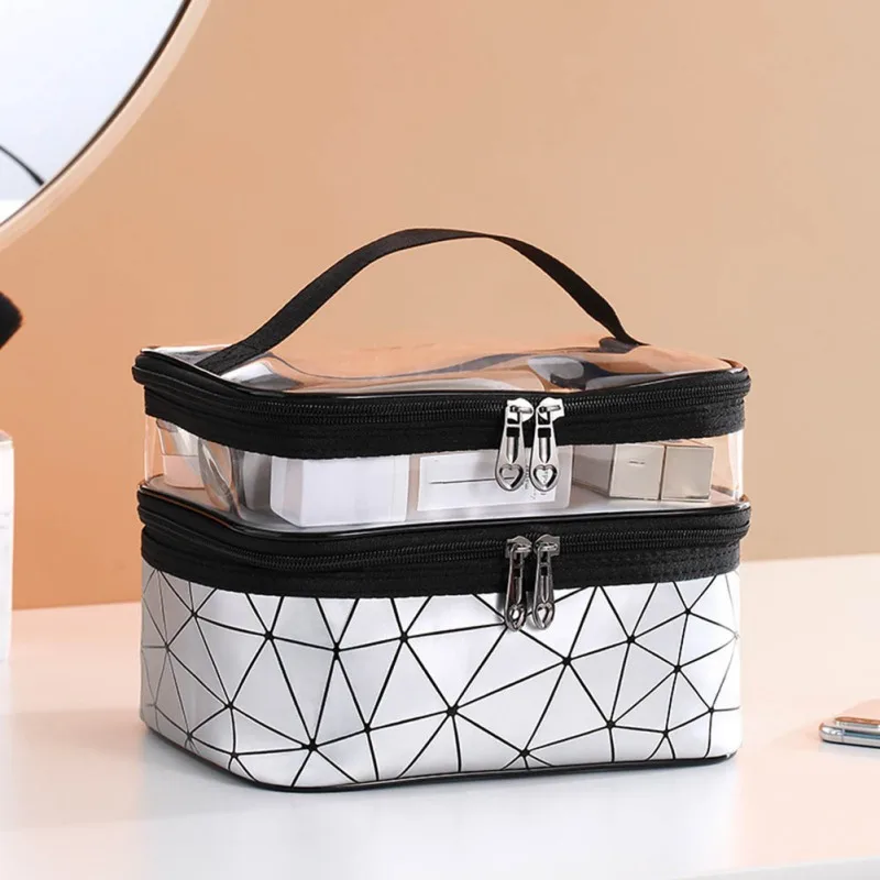 Double-layer Cosmetic Bag Plaid Large Capacity Casual Female Portable Travel Bag TPU Zipper Makeup Bag
