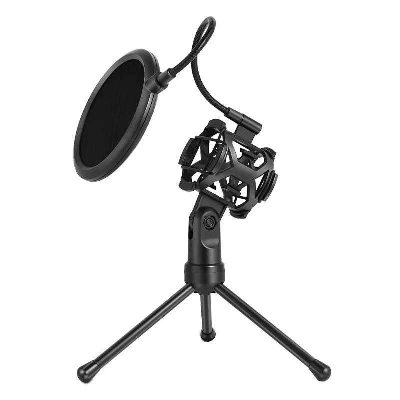 Portable Microphone Stand Desktop Tripod Recording Microphone Stand with Microphone Clip Windscreen Filter