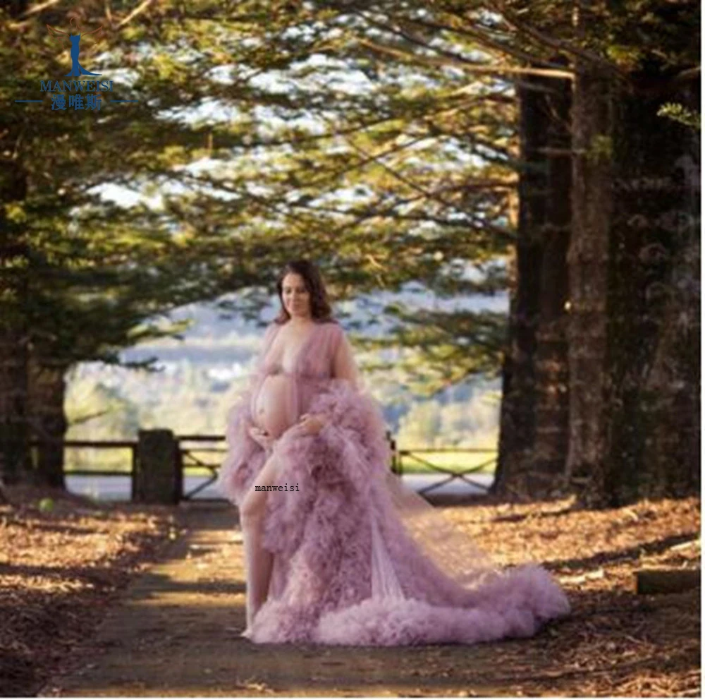 Unique Prom Dresses Custom Made Tulle Maternity Robes Women Photoshoot Evening Gowns Fluffy Tiered Tulle Robe Formal Party Dress - 5