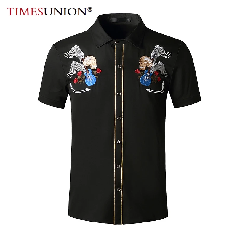 Shirts for Men Western Cowboy Shirt Embroidered Denim Short Sleeve Casual Button Down Shirt