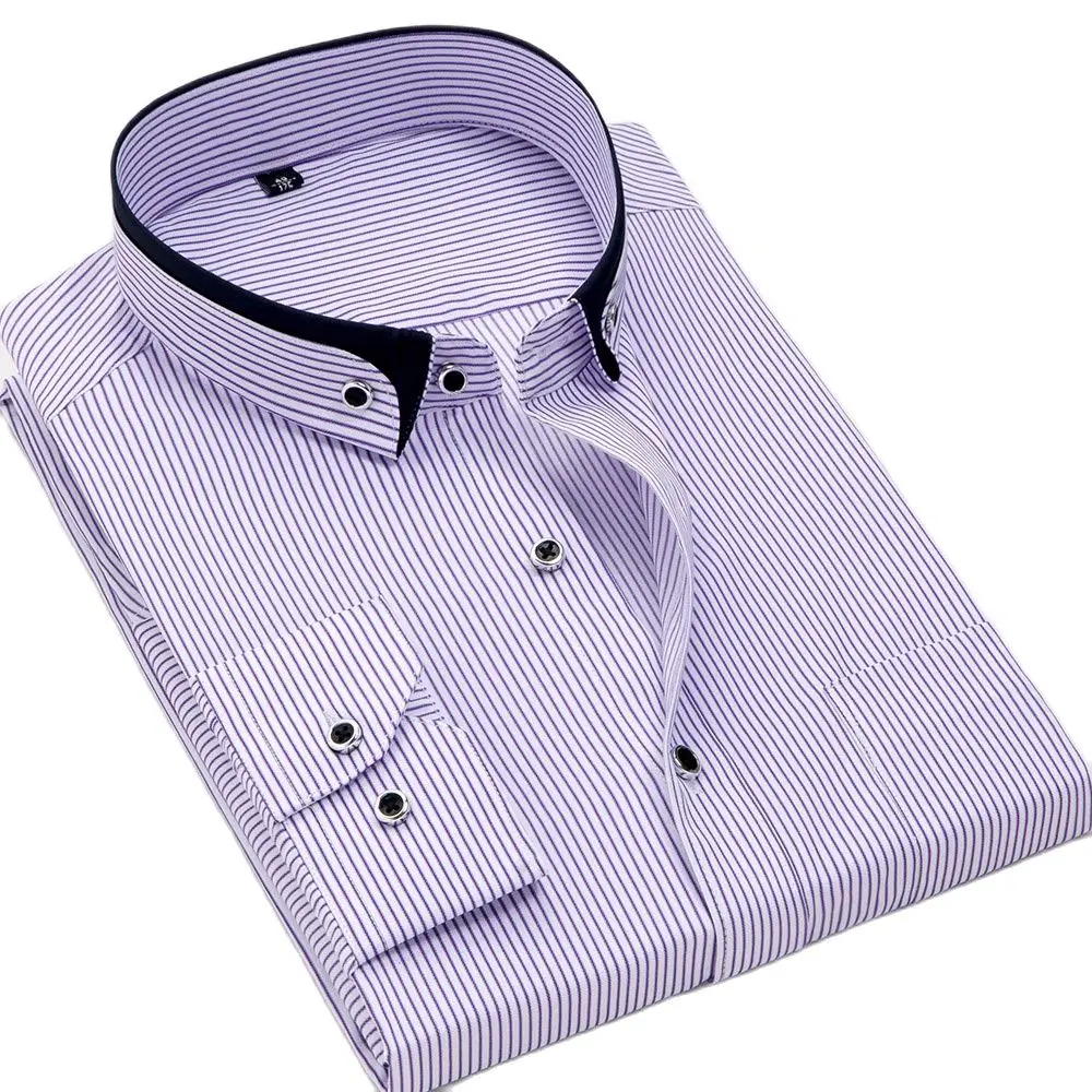 Stand Collar Striped Shirts Slim Fit Non-iron Business men Dress Shirts Long Sleeve Social Male Tops Front Pocket Easy Care