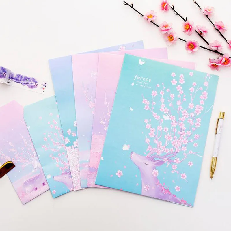

9 Pcs/pack Cartoon 3 Envelopes + 6 Sheets Letters Paper Forest Deer Cherry Sakura Series Envelope Letter Set for Gift Stationery