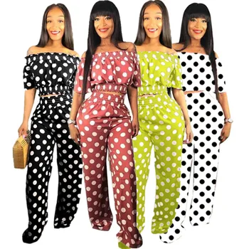 

77P8377 Summer Women Sexy Two Piece Set Top and Slash Neck Polka Dot Pants Tracksuit Sweatsuit Outfits
