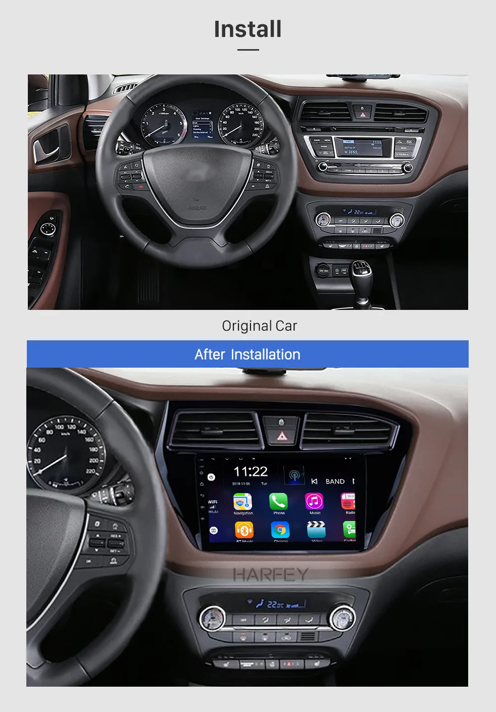 Excellent Harfey 9 inch Android 8.1/9.0 2Din Car Radio WIFI Bluetooth QuadCore Multimedia Player For 2014 2015 HYUNDAI I20 Left Hand Drive 1