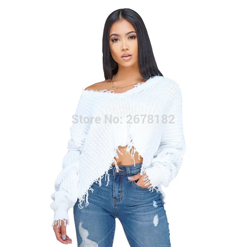 Solid Casual Frayed Trim Drop Shoulder Jumper Crop Pullovers Ladies Sweater Streetwear 2019 Autumn Women Sweaters | Женская одежда