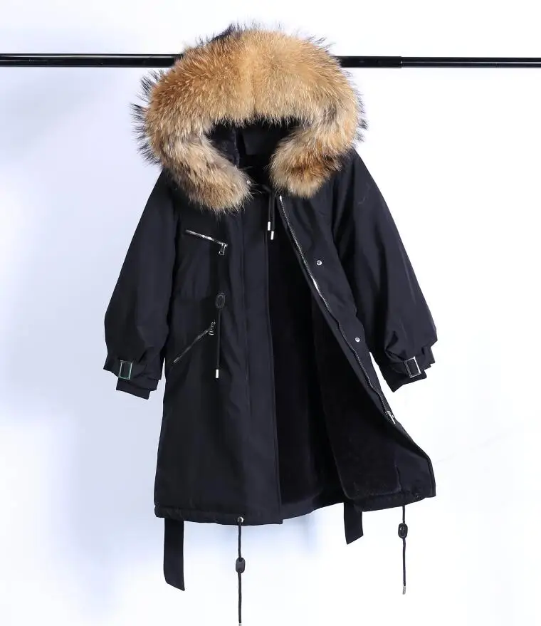 black Real brown fur Зимняя куртка, пальто для женщин, брендовые парки,, большой воротник из натурального меха енота, с капюшоном, Длинная женская стеганая зимняя верхняя одежда - Цвет: black Real brown fur