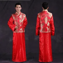 Красный Традиционный китайский стиль Свадебный костюм для жениха мужской женский китайский халат с длинными рукавами костюм для выступлений традиционная китайская куртка Дракон Жених одежда