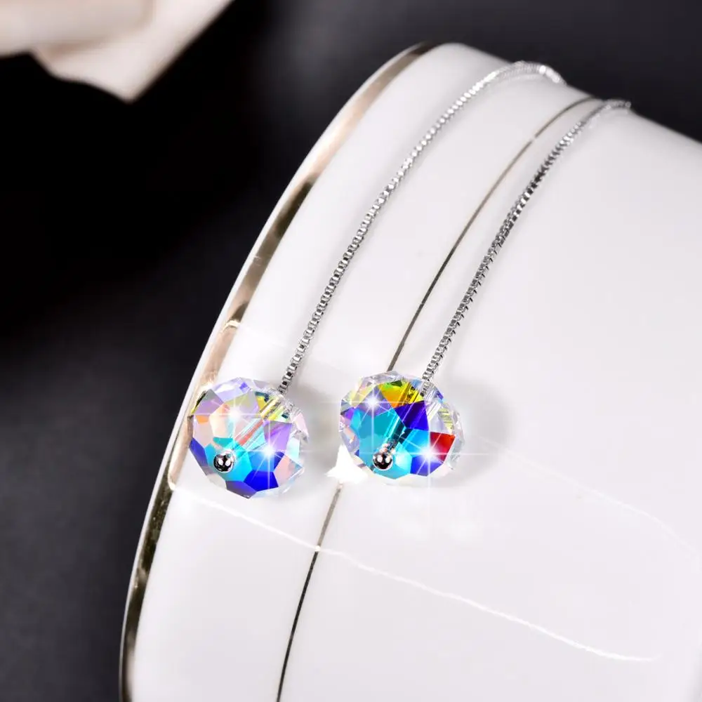 Кристаллы от Swarovski Квадратные бусины Висячие серьги для женщин серебряная цепочка пирсинг модные серьги с подвесками Свадебные ювелирные изделия подарок
