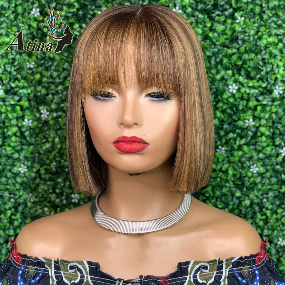 Ombre Highlight Colored Bob Wig Human Hair Wigs With Bangs Brown and