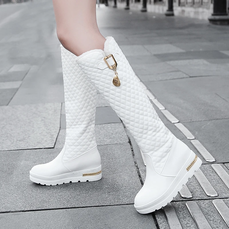 

BONJEAN 2019 New Women Boots Knee High Boots Square Heels Fashion Round Toe Rubber Sole Woman Leather Shoes Winter Black