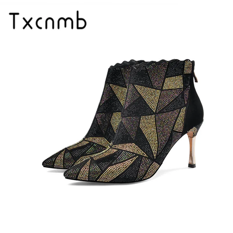 

TXCNMB Winter Boots Fashion Women Shoes Zipper High Heel Pointed Toe Suede Leather Women Shoes Big Size 34-40
