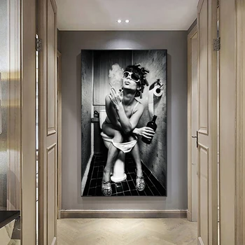 

Sexy Black and White Smoking Woman on Toilet Charming Beauty Canvas Prints Wall Art Picture for Bathroom Decor Toilet Bound