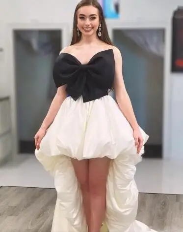 Robe de soiree уникальные платья для выпускного вечера с открытыми плечами Hi-Lo формальное платье пышные черные белые шикарные коктейльные платья с бантом - Цвет: Model picture color