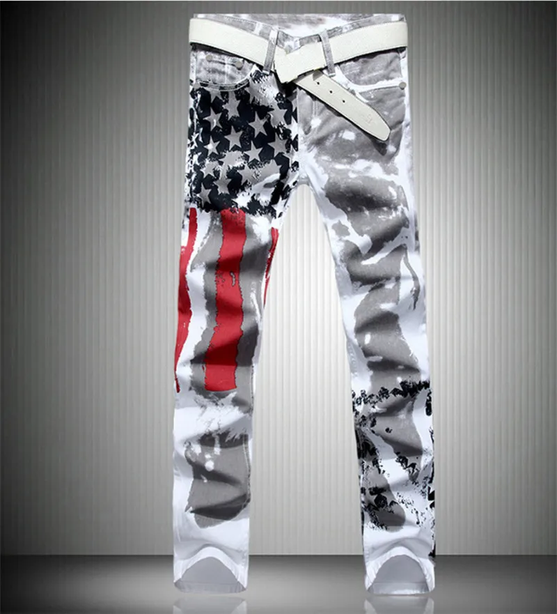 

Men's printed jeans new white flag flower pants tide male Slim casual elastic large size jeans tide male