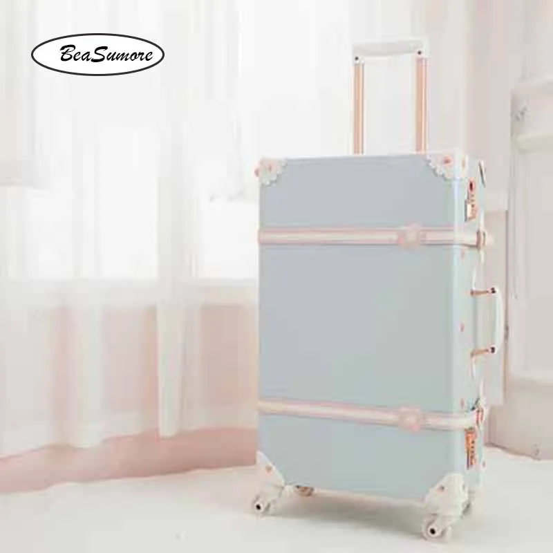 BeaSumore 26 дюймов ретро чемодан на колёсиках из искусственной кожи наборы для женщин Spinner пароль чемодан колеса 20 дюймов женская сумка тележка - Цвет: blue