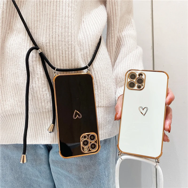 iphone 12 cover case Cute Electroplated Love Heart Lanyard Case For iPhone 11 12 13 Pro Max XS XR X 7 8 Plus Mini SE 2 Cord Rope Necklace Strap Cover apple iphone 12 case