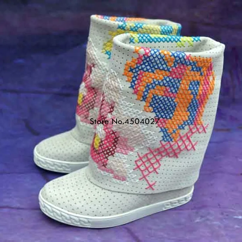 

New Fall Women Knee High Boots Slip-on Round Toe Height Increasing Fashion Casual Shoes Embroidery Boots