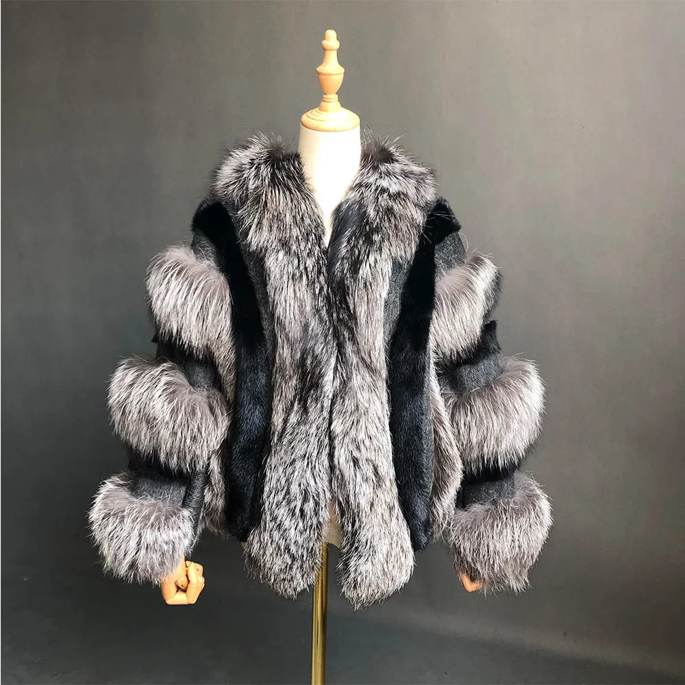 sliver fox Пальто из настоящего меха, женская теплая и стильная куртка из натурального Лисьего меха, жилет с воротником-стойкой и длинным рукавом, кожаное пальто, пальто из натурального меха - Цвет: sliver fox
