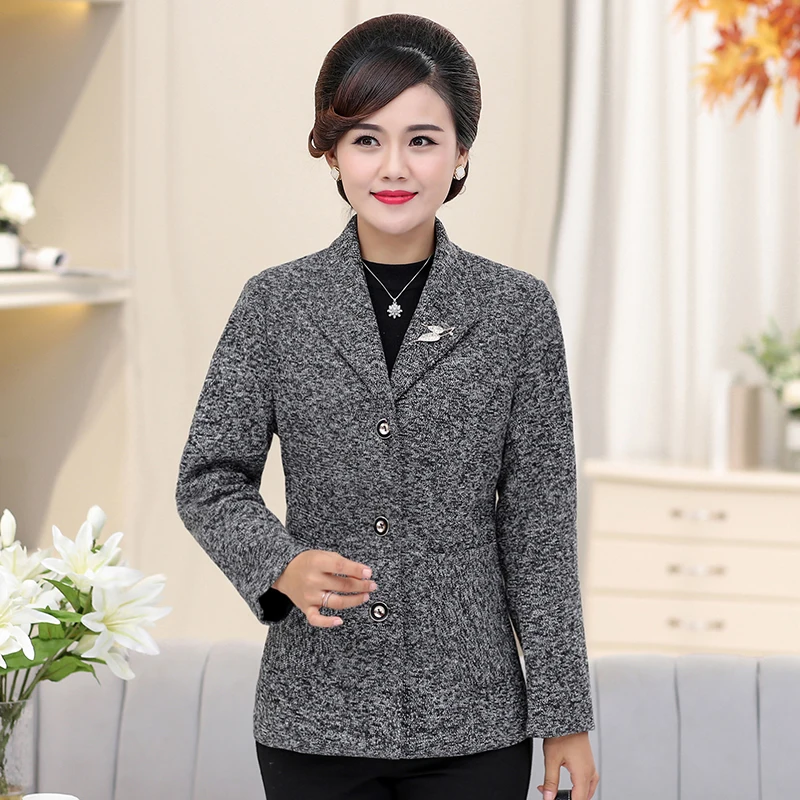 Mature Women Tweed Blazers Autumn Spring Gray Green Red Notched Collar Jacket Suits Middle Aged Woman Smart Casual Oufits XXXXL