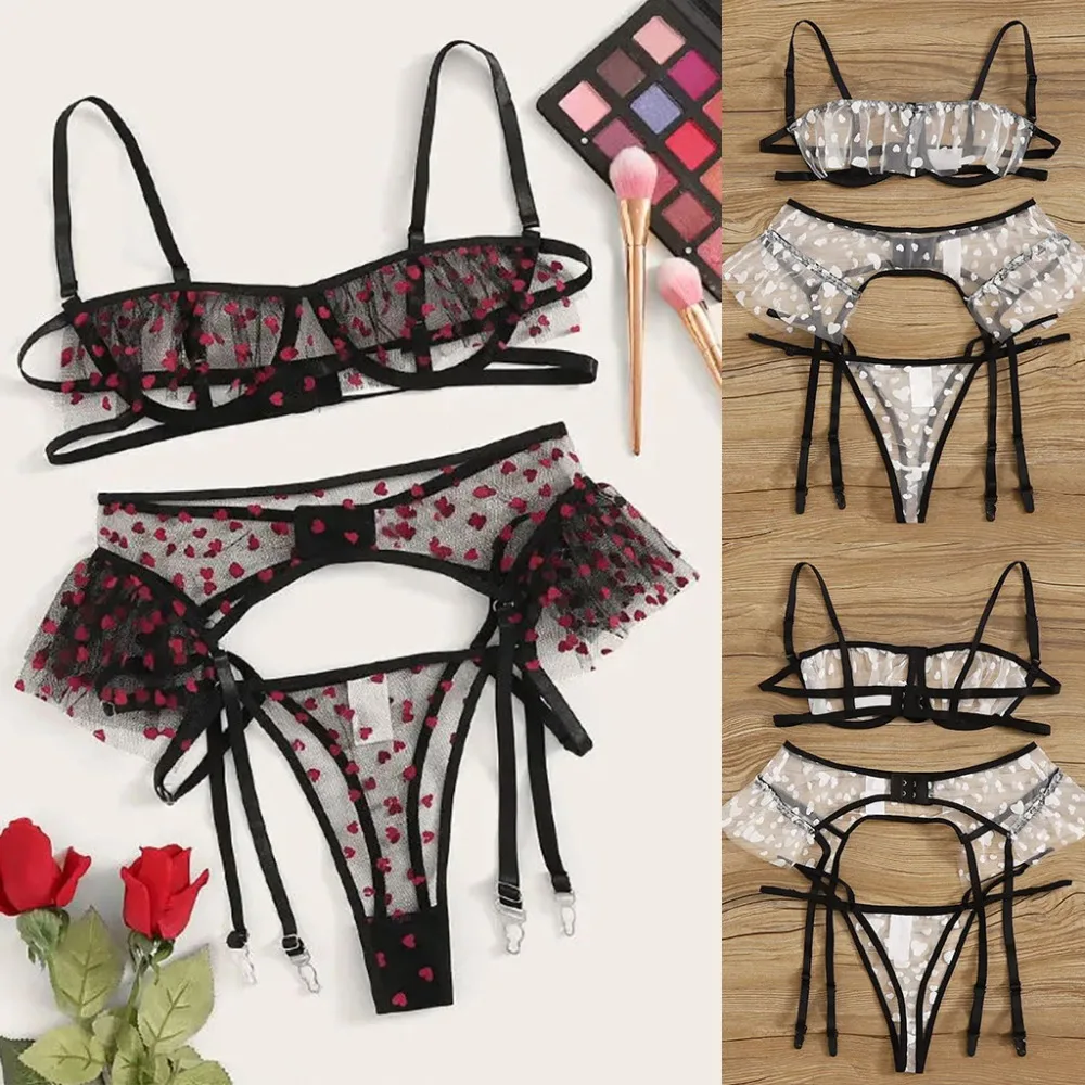 Sexy bikini three-piece lace sexy lingerie set of three bras + panties + garter wine red sexy bikini free shipping 40A1 (1)