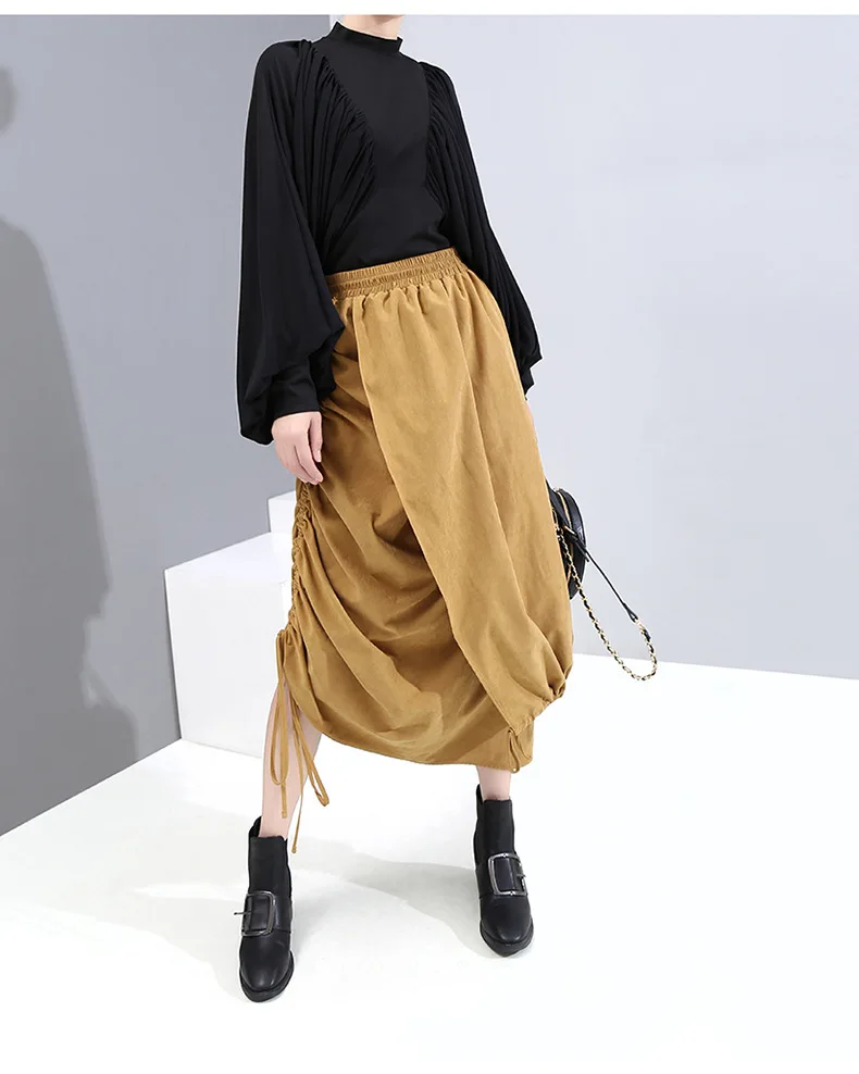[EAM] высокая эластичная талия черная плиссированная юбка на завязках для темпераментных женщин, модная новинка весна осень 1K477