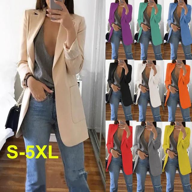 US $13.64 Slim Women Blazers Autumn Fashion Jacket Female Work Office Solid Pocket Business Notched Blazer Fe