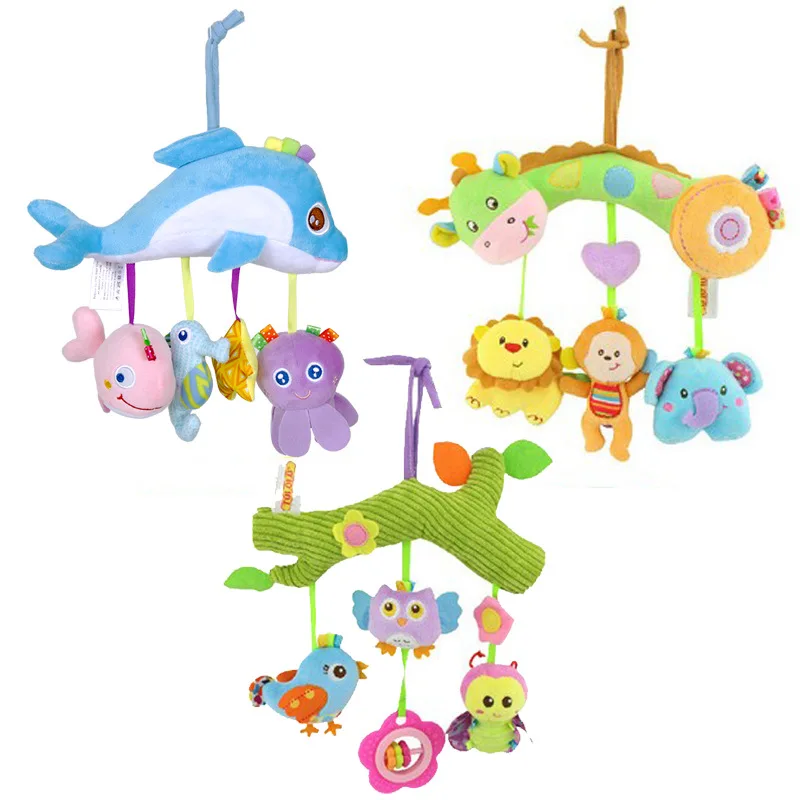 

Plush Cartoon Animal Crib Mobile Baby Rattles with Teether Bed Hanging Newborns Toy for Stroller Infant Kids Educational Toys