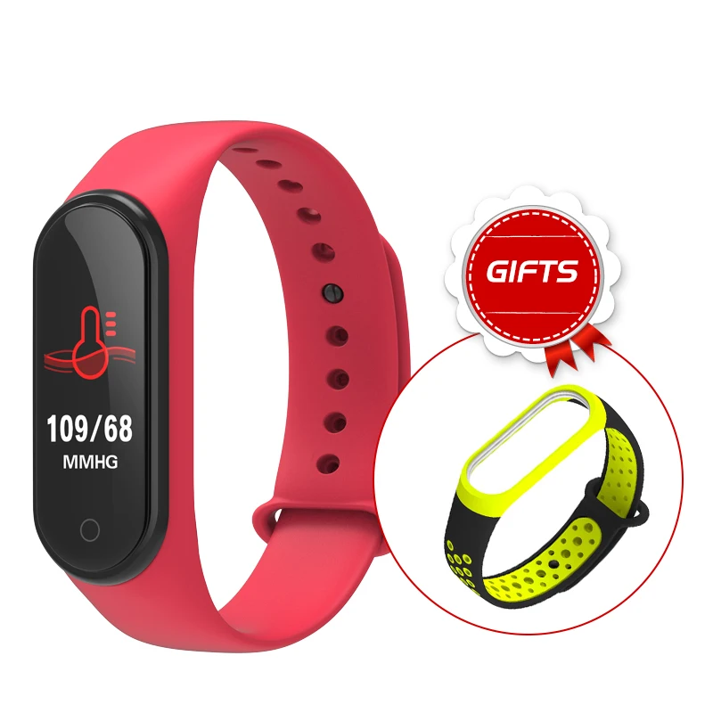 Red and 1Pc band Умный Браслет M4, фитнес-браслет, цветной сенсорный экран, браслет, пульсометр, измеритель артериального давления, Водонепроницаемый Фитнес-Смарт-браслет - Цвет: Red and 1Pc band