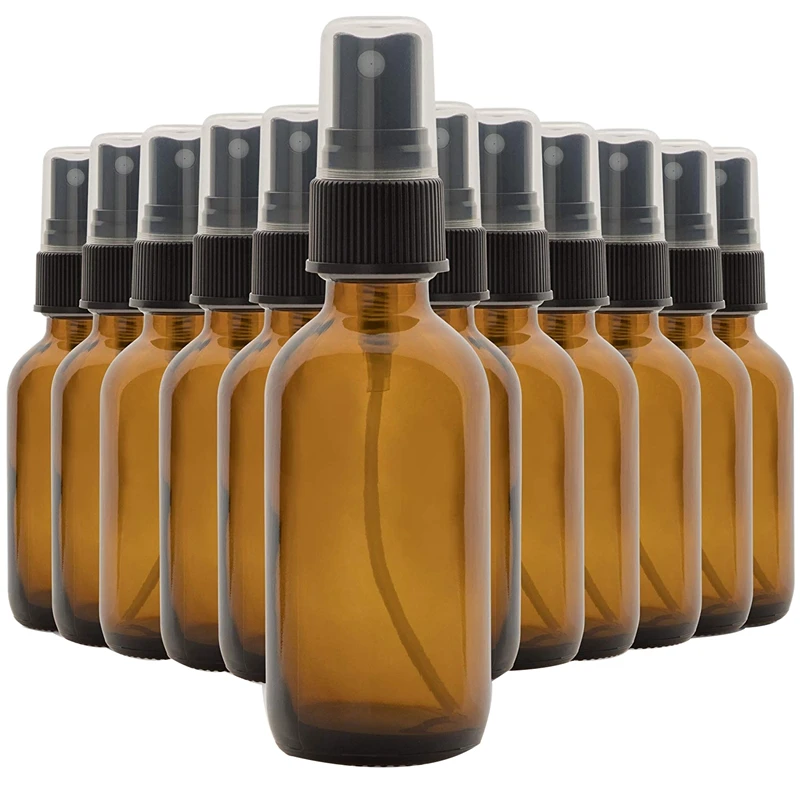 Set of 12, 2 Oz Amber Glass Spray Bottles for Essential Oils- with Fine Mist Sprayers