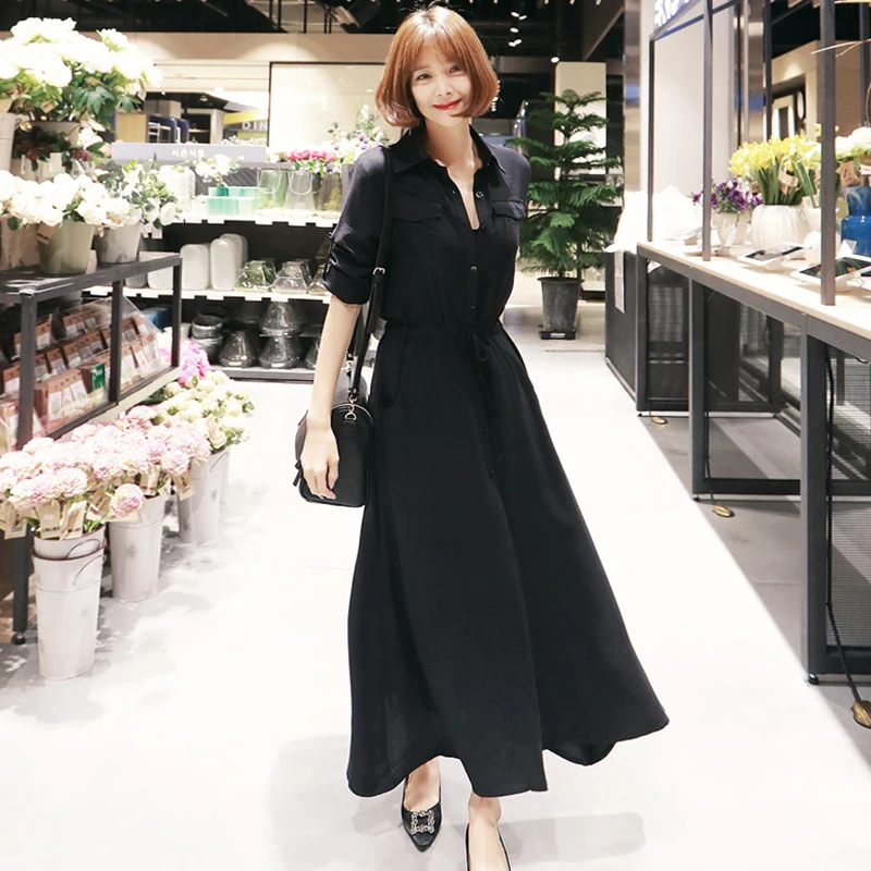 

New Arrival Spring Autumn Women Long Sleeve Turn-down Collar Shirt Dress Elegant Slim Cotton Female Long Dress High Quality S9