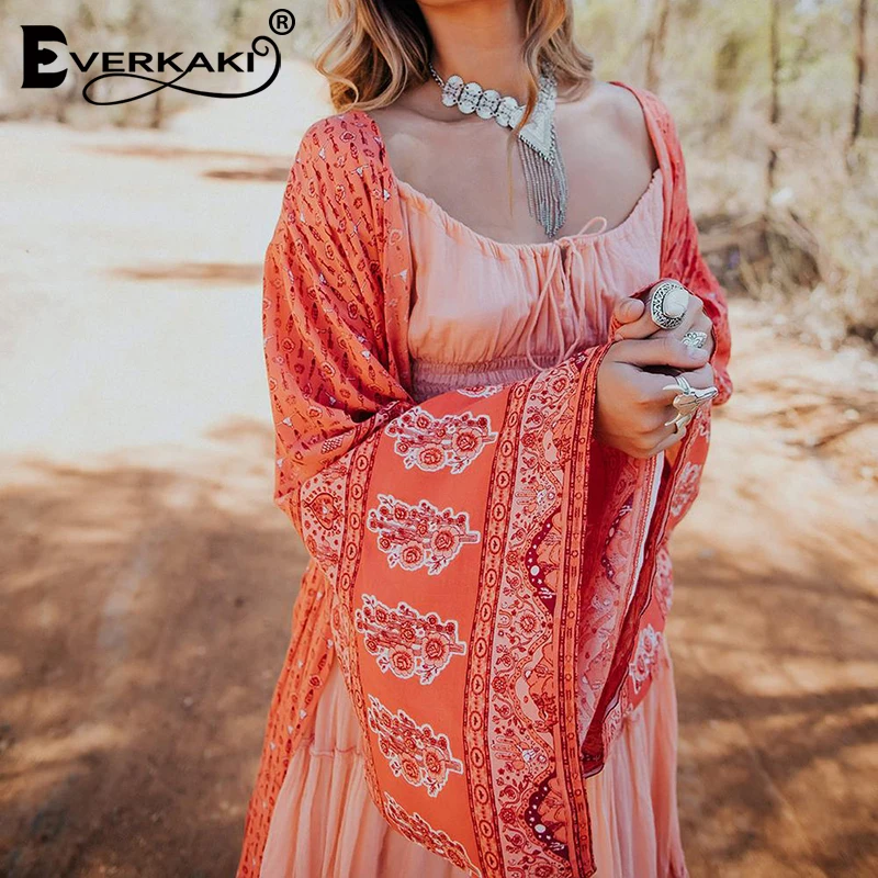 Everkaki Boho пальто кимоно женское с поясом осеннее длинное цветочным принтом