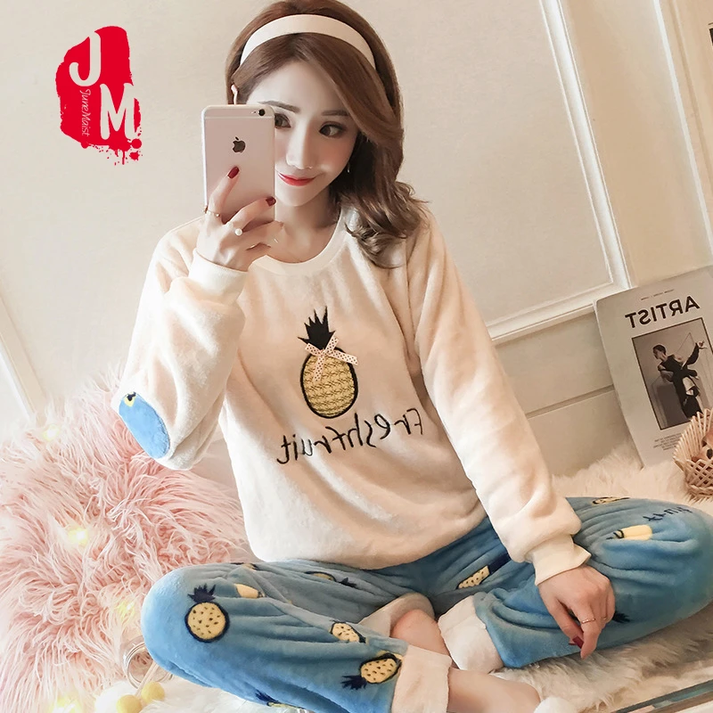 

Sleepwear Plus Size Flannel Pijamas Women Sexy Coral Fleece pajamas For Women Long Sleeve Pyjamas Set Flannel O-neck M L XL XXL