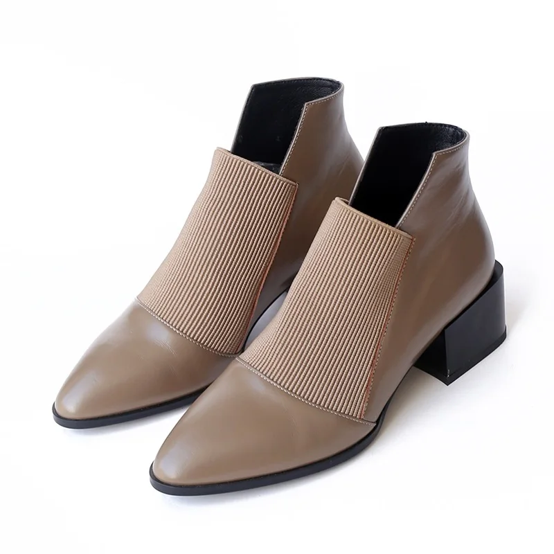 

chic women boots leather+stretch fabric cozy autumn shoes woman pointed toe block heels ankle boots female pumps zapatos mujer