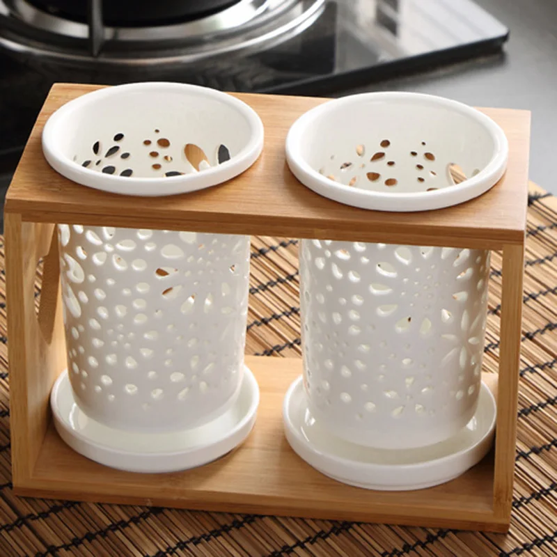 

Hot New Wood Ceramic Chopsticks Bucket Double Cylinder Storage Chopsticks Rack Tableware Storage Box Kitchen