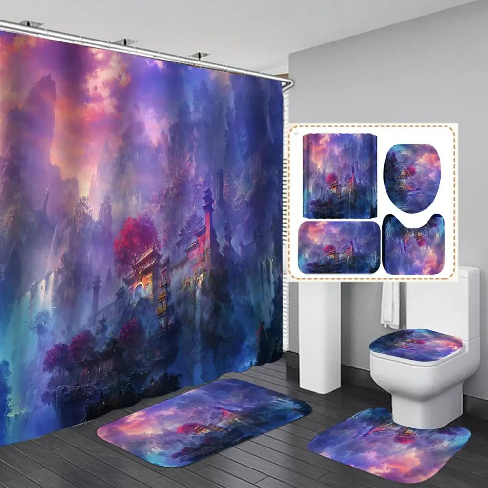 

Mysterious Starry Sky Shower Curtain 4 PCS/Set Waterproof Polyester Shower Curtain Bathroom Mat Set Carpet Mat Toilet Rug