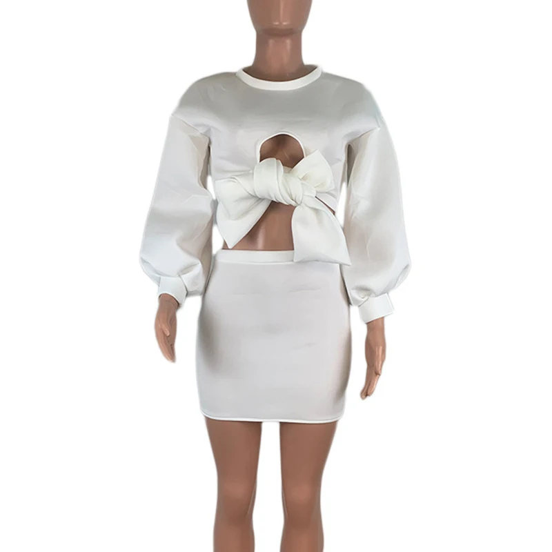 Укороченные топы и узкая юбка, комплект для женщин, осень 2019, Модный комплект из двух предметов, сексуальные вечерние наряды, топы с узлами и