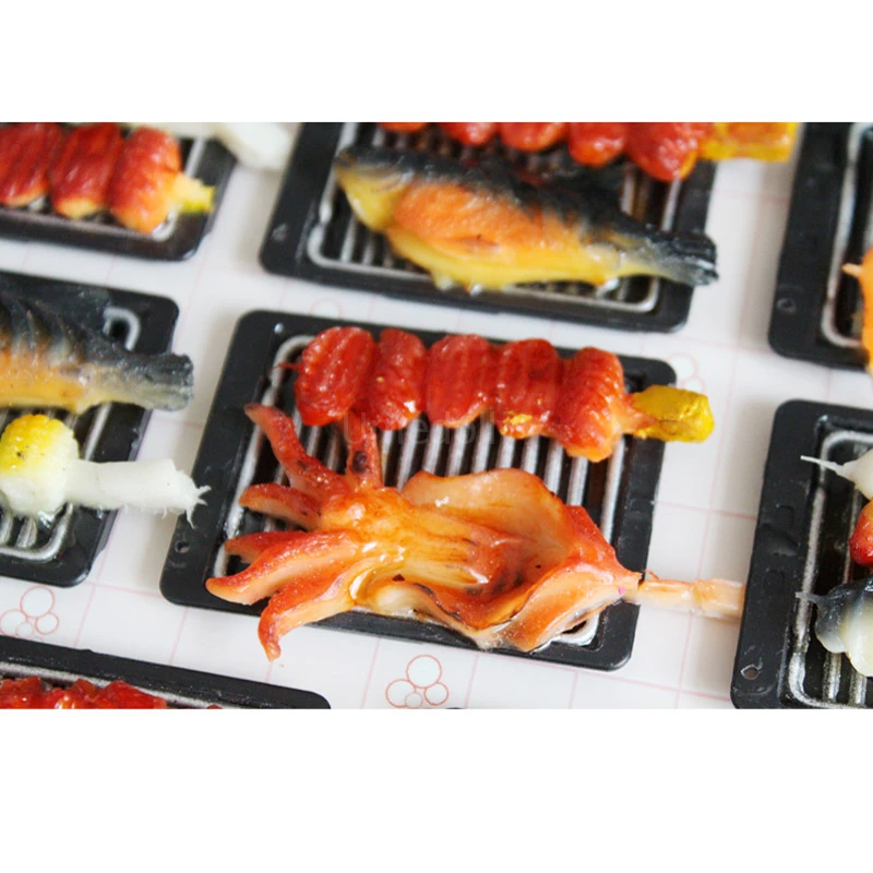 1/6 Scale Cute Barbecue Skewered Meat or Kabob Fish Dollhouse Miniature Doll Food Pretend Play Mini Kids Kitchen Toy 2PCS