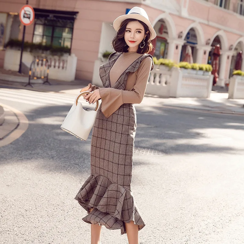 

Korean-style New Style Women's Autumn Set-Style Two-Piece Set Slim Fit Slimming Tops + Plaid Suspender Strap Fishtail Skirt Skir