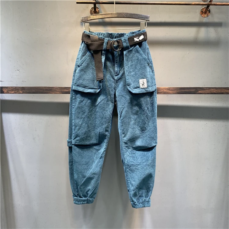 Женские Смарт cargo jogger Штаны вельвет с высокой талией штаны-шаровары брюки для женщин с несколькими карманами, повседневный вязаный свитер свободного покроя в стиле хип-поп-брюки для женщин