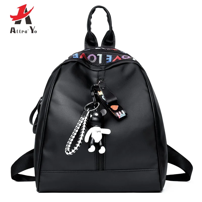 

Attra-Yo 2019 New Fashion Oxford Cloth Backpack Women Wild Color Letter Strip Travel Bag Backpack Bear Pendant Solid Bag