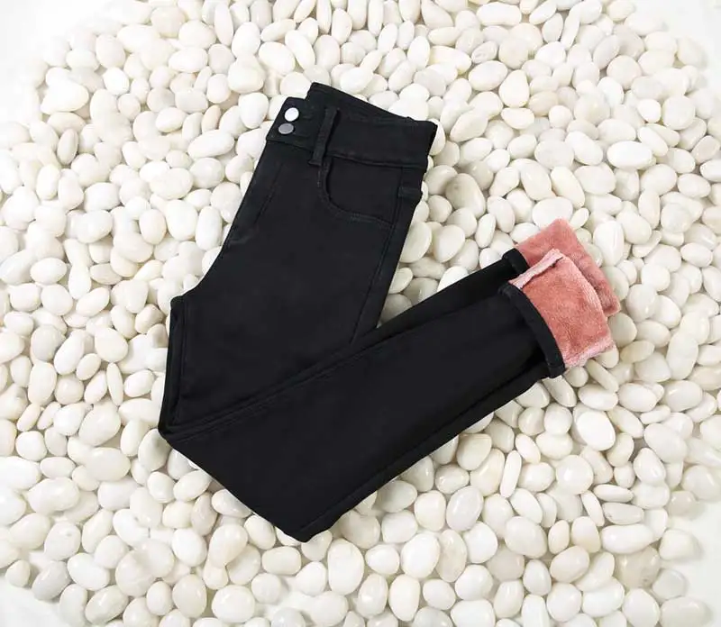 2ButtonBLACK Кашемировые мягкие бархатные Стрейчевые зимние джинсы женские с высокой талией черные обтягивающие теплые джинсы женские эластичные женские джинсы/333 - Цвет: 2ButtonBLACK