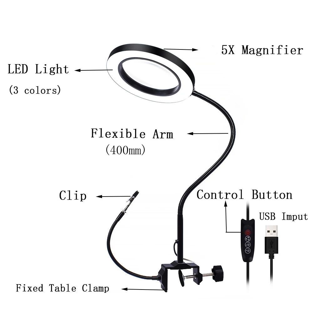 Kaufen NEWACALOX 5X USB Lupe LED Licht mit 2pc Flexible Arm Beleuchtet Vergrößerungs Brille Lesen Schweißen Reparatur Dritte Hand Werkzeug
