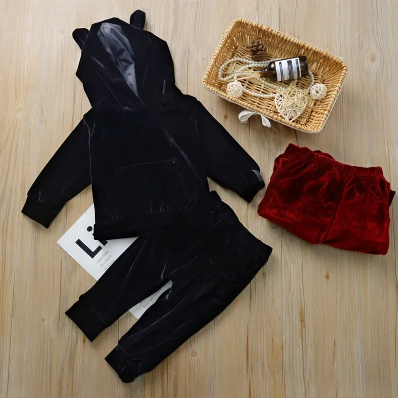 New Collection Active Long Sleeves Velet Cute Rabbit Ear Hooded Clothing Set 3137