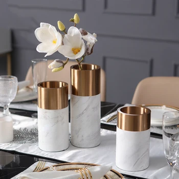 

Modern White Marble Flower luxurious Vase Creative Gold Metal Flower Pot For Homes Metal Vases Wedding Tabletop Vase