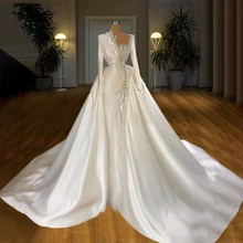 Satin Wedding Dresses Dubai Pearls Beads High Quliaty 2021 Mermaid with Sleeves Long Train African Bride Bridal Gowns Plus Size