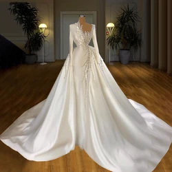 Satin Wedding Dresses Dubai Pearls Beads High Quliaty 2021 Mermaid with Sleeves Long Train African Bride Bridal Gowns Plus Size
