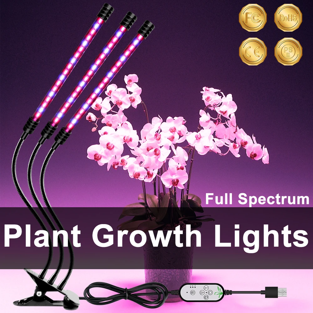 

LED 5V USB Grow Light Bulb Grow Room with Red Blue Spectrum Adjustable 3-Head Timer Plant Grow Lamp for Indoor Plants Grow Tent