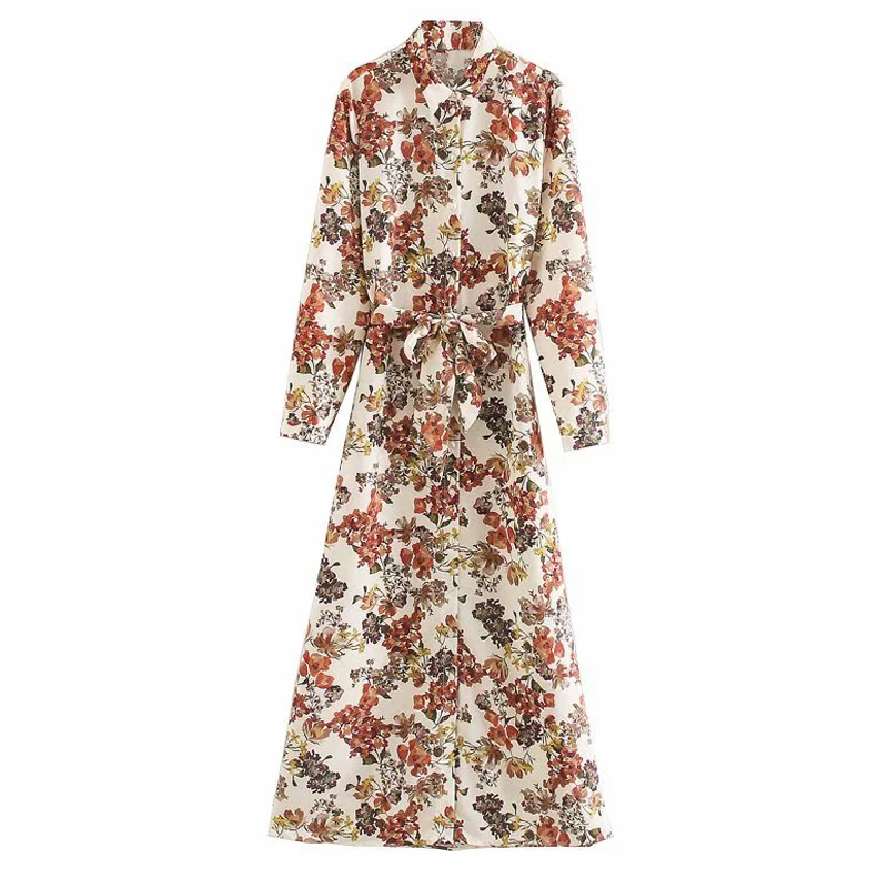 

AGong Bow Floral Printed Dresses Women Fashion Turn Down Collar Dress Women Elegant Ankle Length Dresses Female Ladies LAA