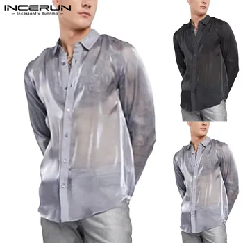

Fashion Sexy Men Transparent Shirt Solid Collar Button Long Sleeve Chic Loose Tops See Through Party Nightclub Blouse INCERUN