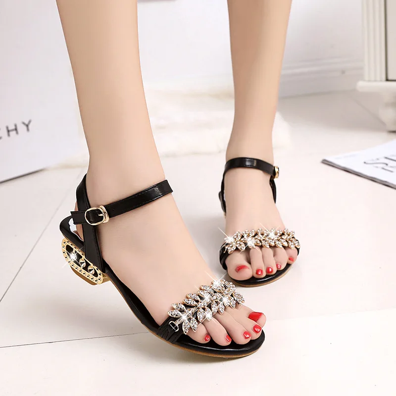 

2018 Spring Summer New Style Europe And America Low Heel Man-made Diamond Sandals Women's Sexy Solid Color Square Heel Peep-Toe